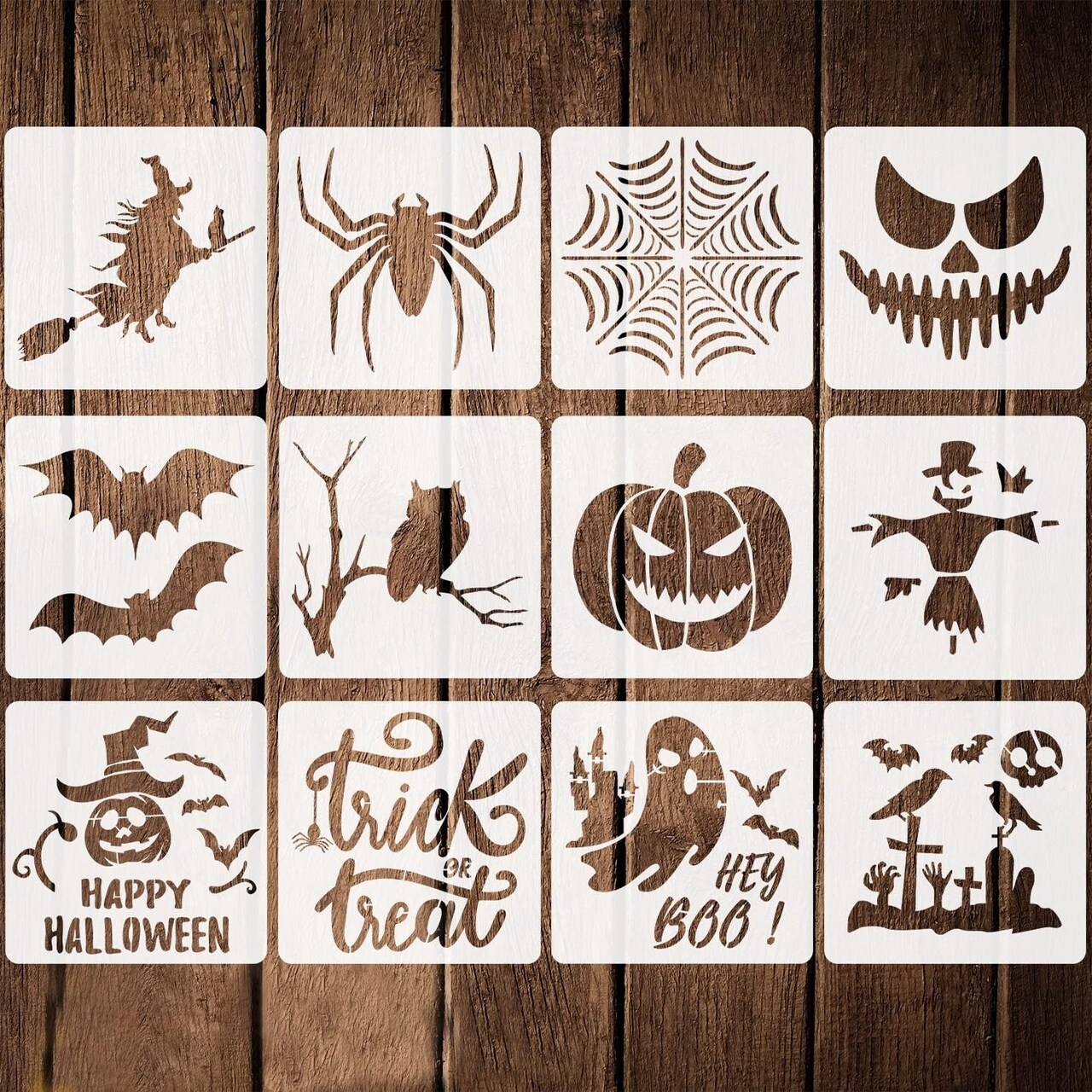 12-Piece Large Halloween Stencils Set – 7.9 Inch Reusable PET Plastic Painting Templates for DIY Crafts, Wood, Walls, Fabric, Windows & Seasonal Home Decor